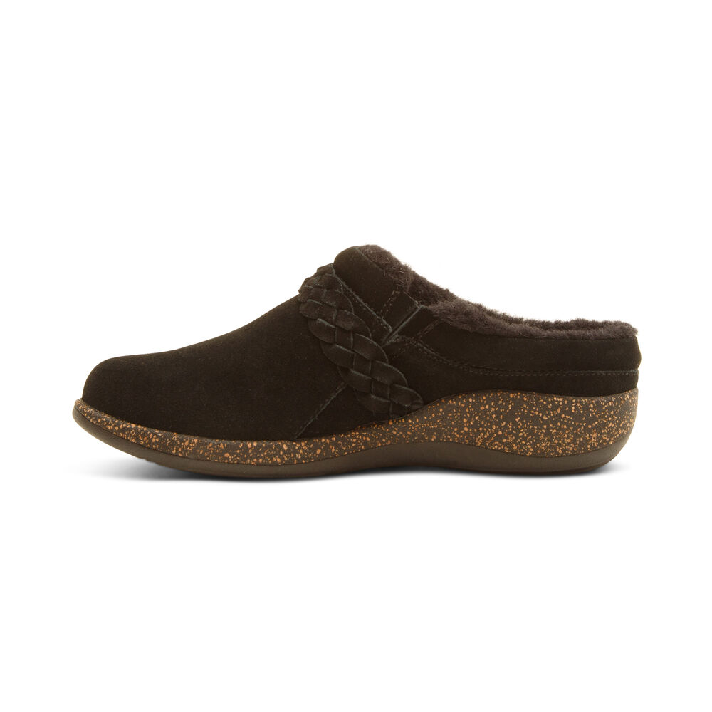 Aetrex Women's Libby Fleece With Arch Support Clogs - Black | USA 98S4NMR